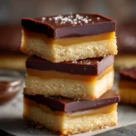 Millionaires Shortbread stacked bars with buttery shortbread base, rich caramel layer, and smooth chocolate topping