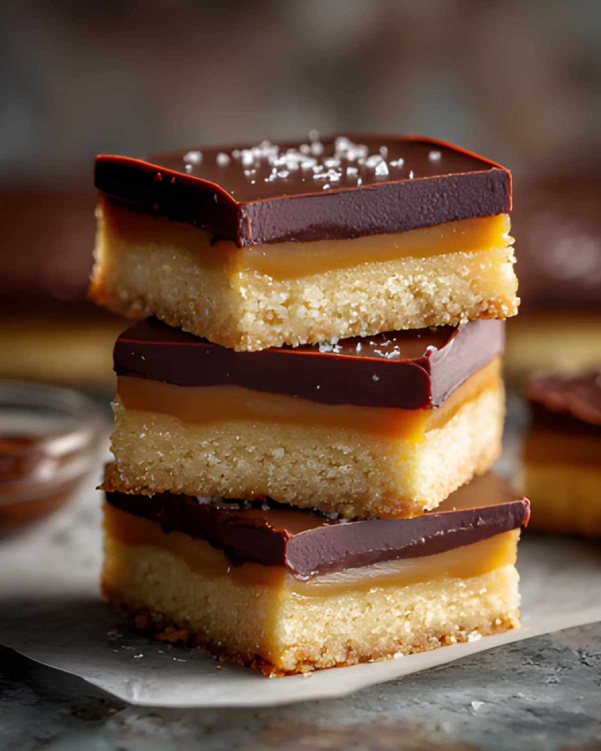 Millionaires Shortbread stacked bars with buttery shortbread base, rich caramel layer, and smooth chocolate topping