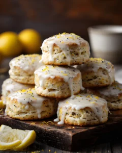 Mini Lemon Poppy Seed Scones topped with sweet lemon glaze and lemon zest, stacked on a wooden board for a delicious bakery-style treat.