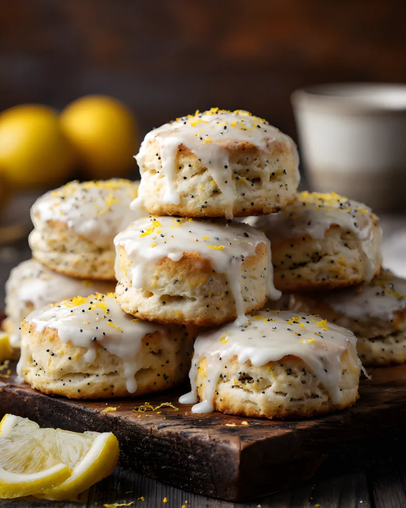 Mini Lemon Poppy Seed Scones topped with sweet lemon glaze and lemon zest, stacked on a wooden board for a delicious bakery-style treat.