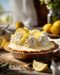 No Bake Lemon Icebox Pie topped with whipped cream and fresh lemon slices on a graham cracker crust