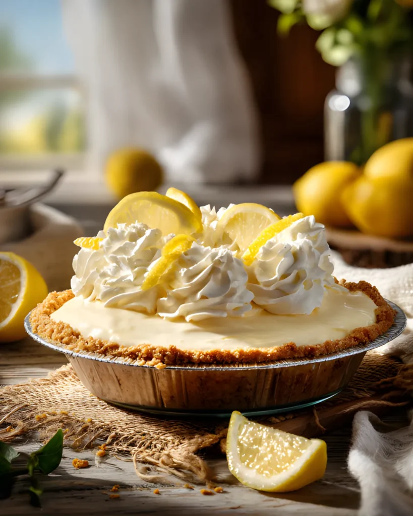 No Bake Lemon Icebox Pie topped with whipped cream and fresh lemon slices on a graham cracker crust