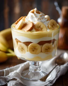 Old-Fashioned Banana Pudding layered with fresh bananas, vanilla wafers, creamy custard, and whipped cream in a glass dish