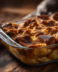 Overnight French toast casserole baked until golden brown with crispy top in a glass dish