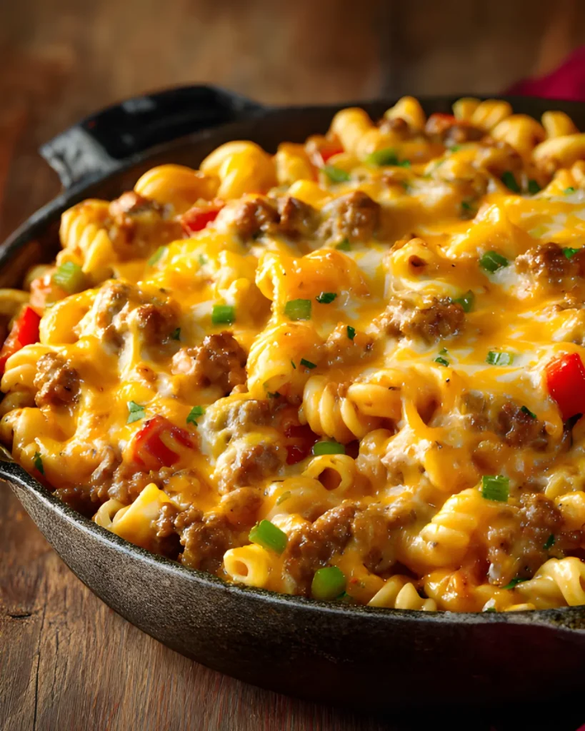 Pasta burger bake with rotini pasta, seasoned ground beef, melted cheese, and peppers