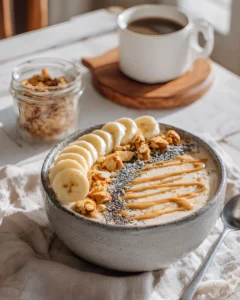 Peanut butter banana smoothie bowl topped with sliced bananas, chia seeds, granola, and peanut butter drizzle in a ceramic bowl.