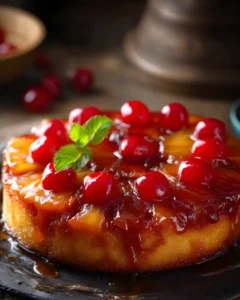 Pineapple Upside Down Cake topped with cherries and caramel glaze on a rustic plate