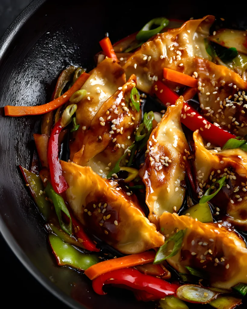 Potsticker Stir Fry Recipe with pan-seared dumplings, bell peppers, green onions, leafy greens, and sesame soy sauce in a skillet.