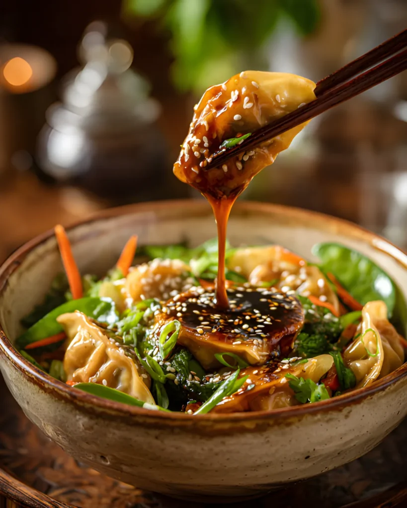 Potsticker Stir Fry Recipe with dumplings, vegetables, sesame seeds, and savory stir fry sauce served in a bow