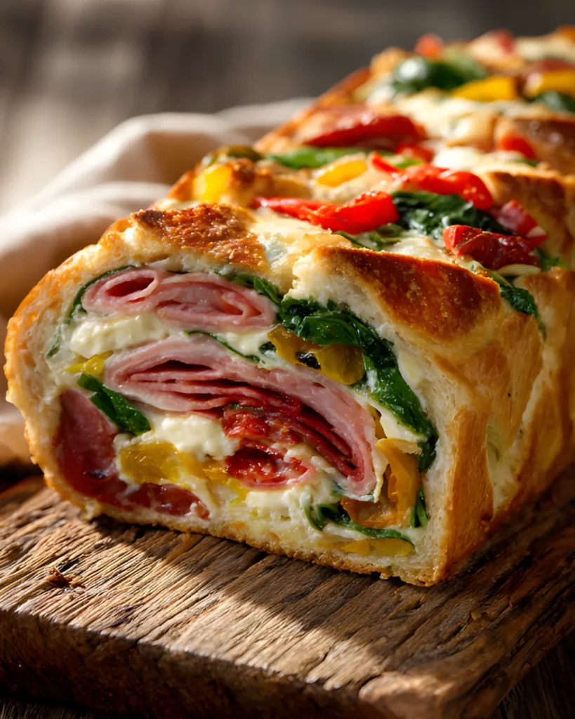 Pressed Italian Picnic Sandwich Loaf filled with layers of deli meats, cheese, vegetables, and herbs in crusty bread