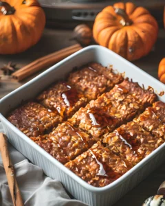 Pumpkin baked oatmeal in a white baking dish topped with maple syrup, surrounded by small pumpkins and cinnamon sticks.