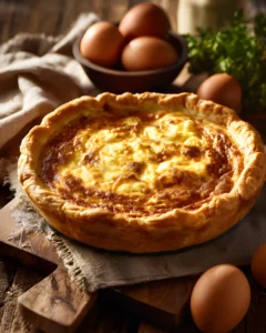 Quiche Recipe with golden flaky crust and creamy cheese filling served with fresh eggs on a rustic table