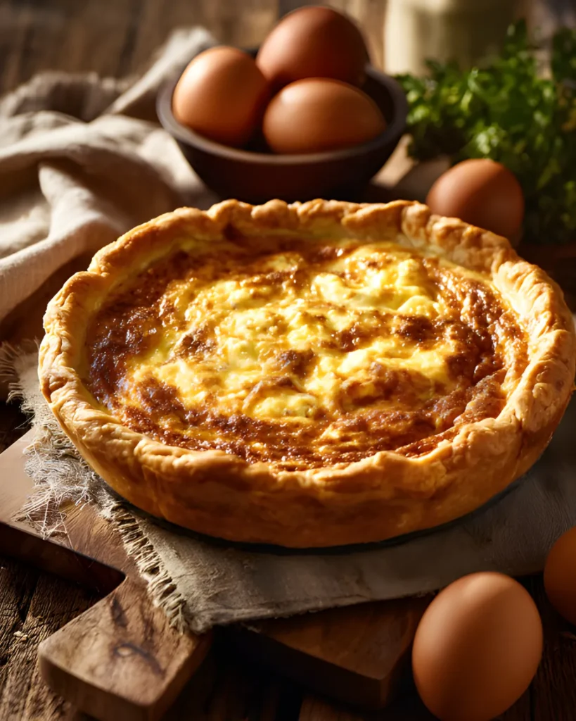 Quiche Recipe with golden flaky crust and creamy cheese filling served with fresh eggs on a rustic table
