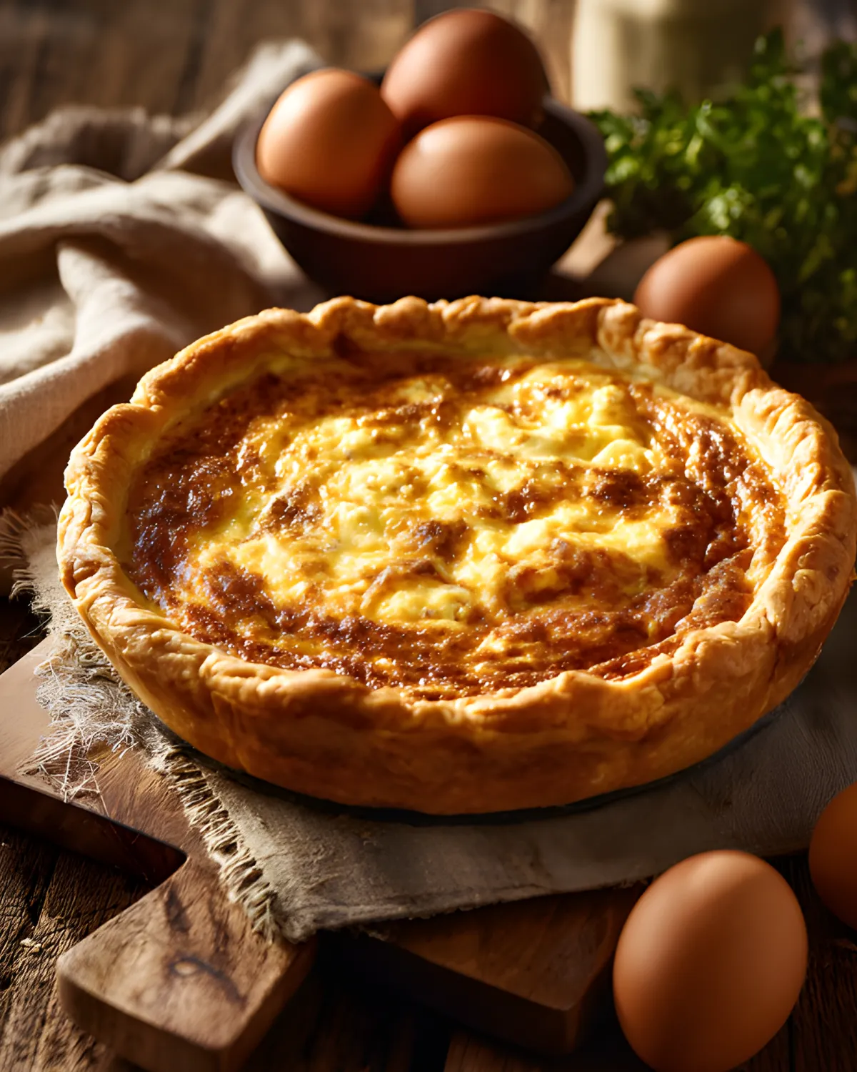Quiche Recipe with golden flaky crust and creamy cheese filling served with fresh eggs on a rustic table
