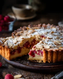 Raspberry Almond Frangipane Coffee Cake with a golden crust, sliced to reveal raspberry filling and topped with powdered sugar and almonds