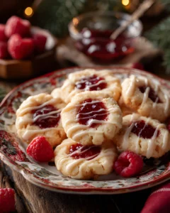 Raspberry Almond Shortbread Cookies topped with raspberry jam and drizzled with white icing on a decorative plate.