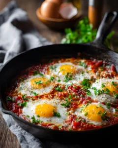 Shakshuka recipe with eggs poached in rich tomato sauce, garnished with parsley and spices in a cast iron skillet