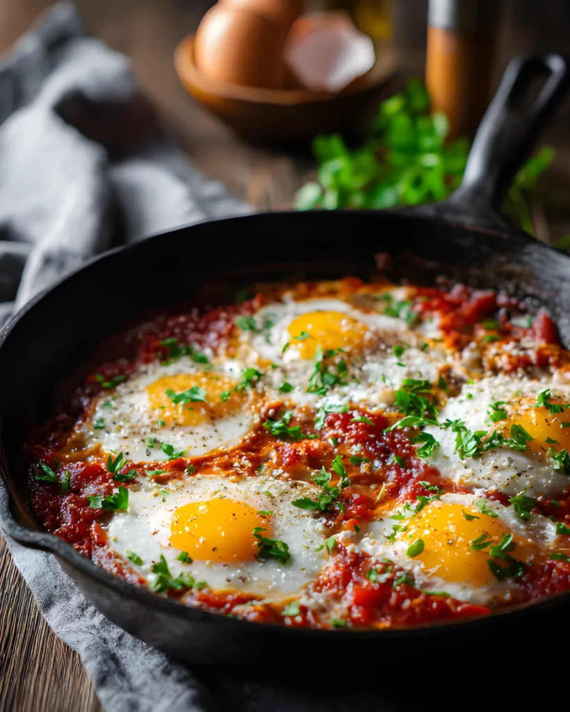 Shakshuka recipe with eggs poached in rich tomato sauce, garnished with parsley and spices in a cast iron skillet