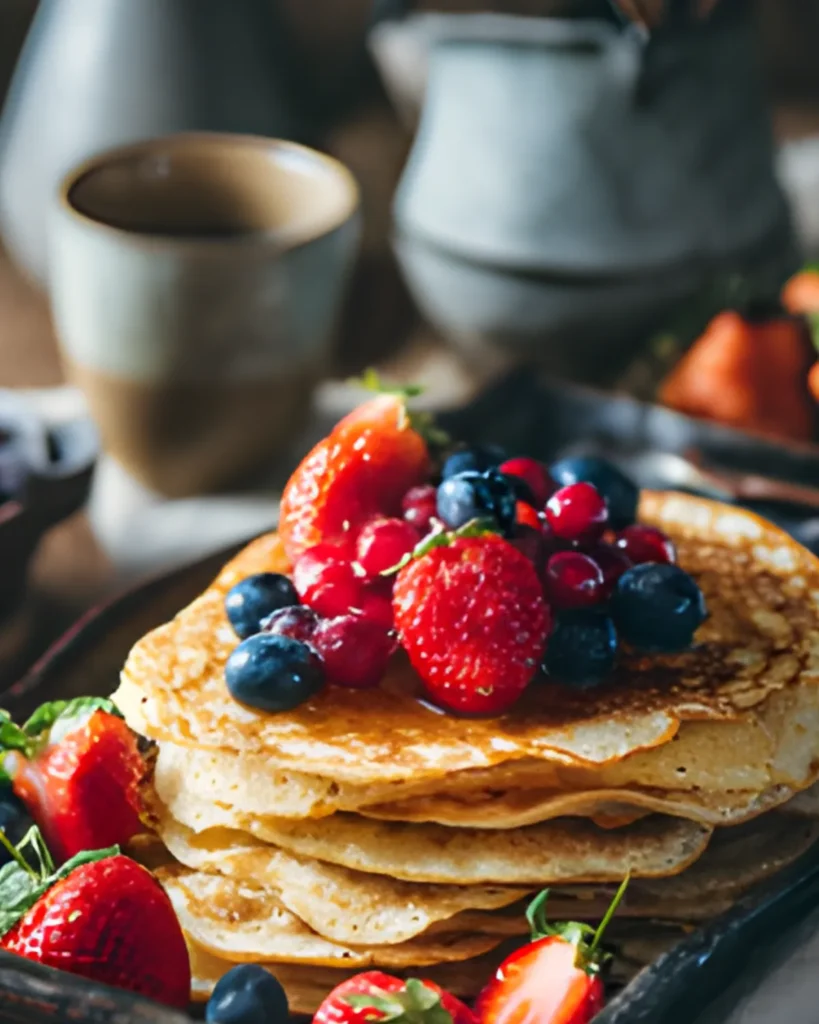 Sheet Pan Pancakes served as a fluffy stack topped with fresh strawberries and blueberries