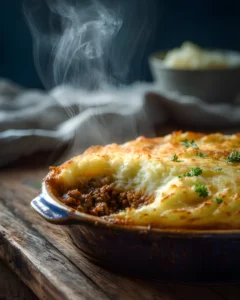 Shepherds pie recipe with seasoned minced meat and creamy mashed potato topping baked until golden in a rustic dish
