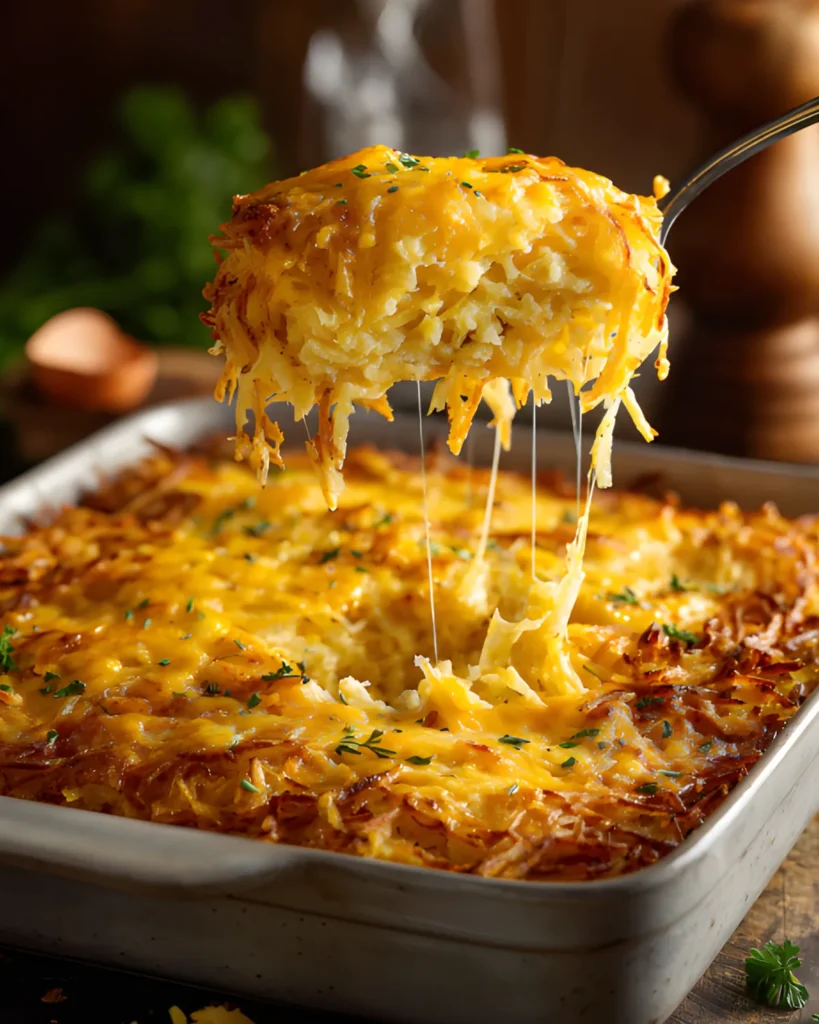 Shredded Hashbrown Breakfast Casserole with melted cheese and crispy golden top served in baking dish