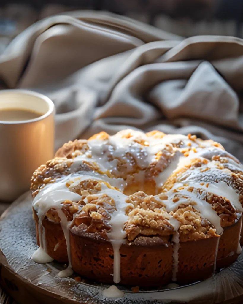 Sour cream coffee cake with cinnamon crumb topping and sweet glaze served on a rustic wooden board with a cup of coffee