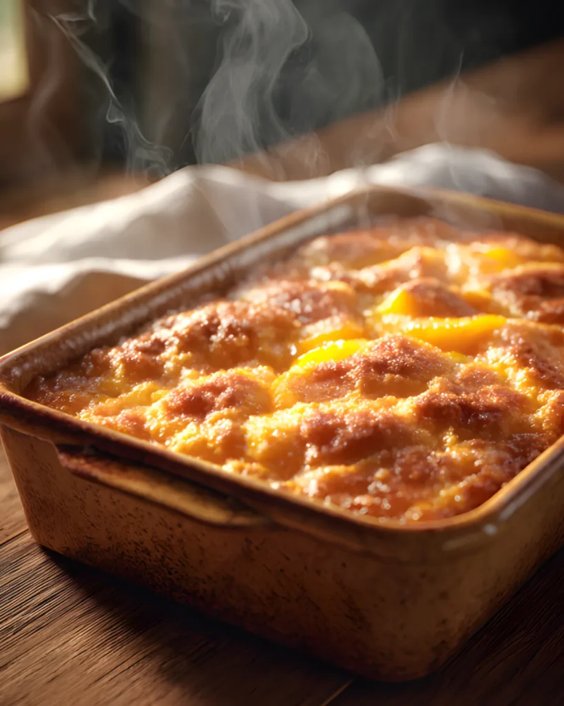 Southern Peach Cobbler freshly baked with golden crust and juicy peaches in a rustic dish