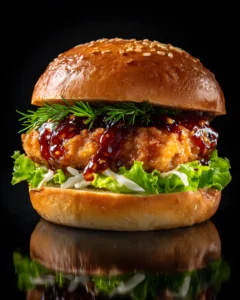 Sticky Crispy Kipburger with glazed crispy chicken, lettuce, and sesame seed bun on a dark background
