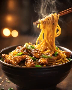 Sticky Garlic Chicken Noodles lifted with chopsticks from a steaming bowl, coated in glossy garlic sauce and topped with sesame seeds and green onions