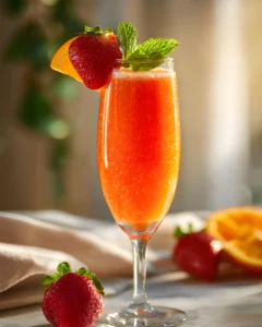 Strawberry Mimosa Mocktail served in a champagne glass garnished with fresh strawberry, mint leaves, and orange slice