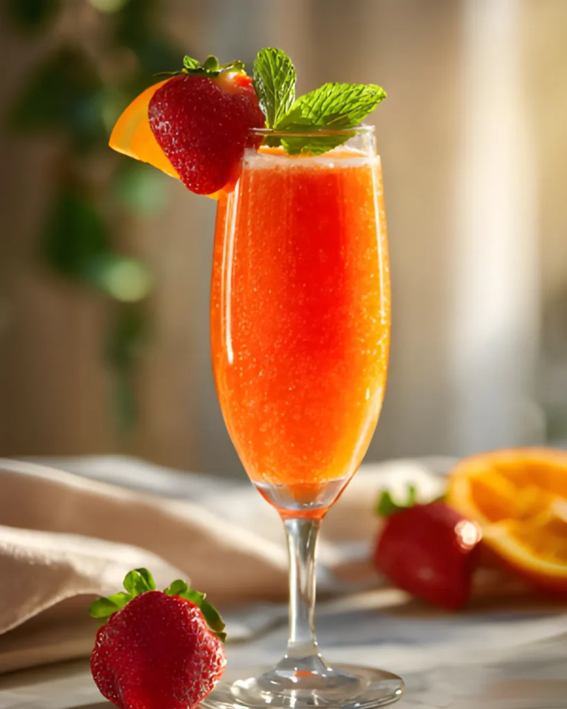 Strawberry Mimosa Mocktail served in a champagne glass garnished with fresh strawberry, mint leaves, and orange slice
