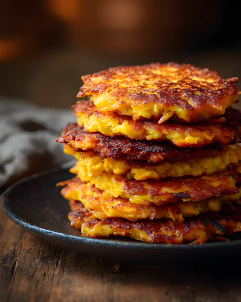 Sweet Potato Fritters Recipe showing crispy golden brown fritters stacked on a plate