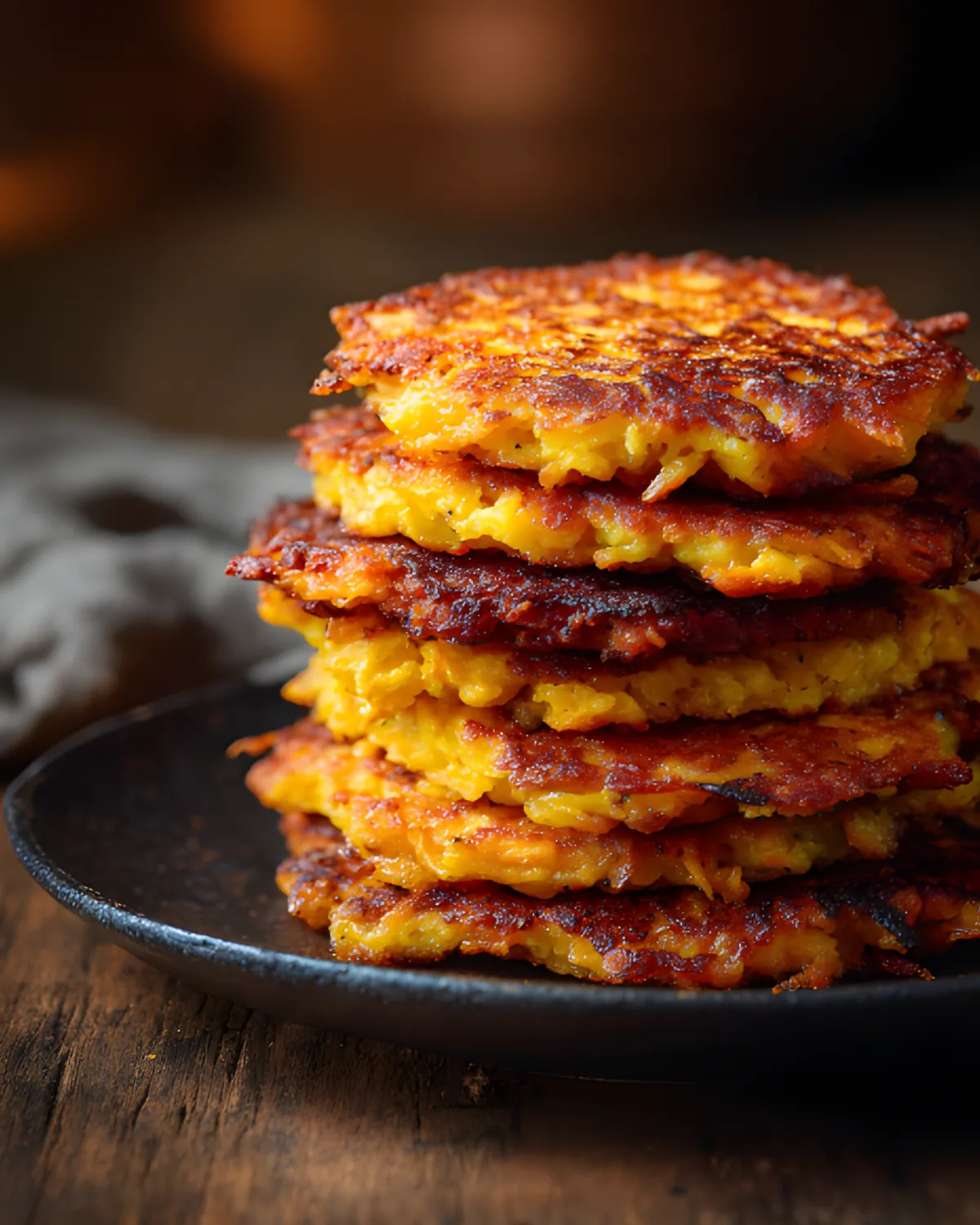 Sweet Potato Fritters Recipe showing crispy golden brown fritters stacked on a plate