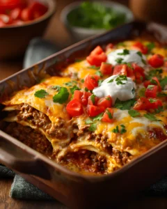 Taco lasagna baked in a casserole dish with layers of tortillas, seasoned beef, melted cheese, diced tomatoes, cilantro, and sour cream.