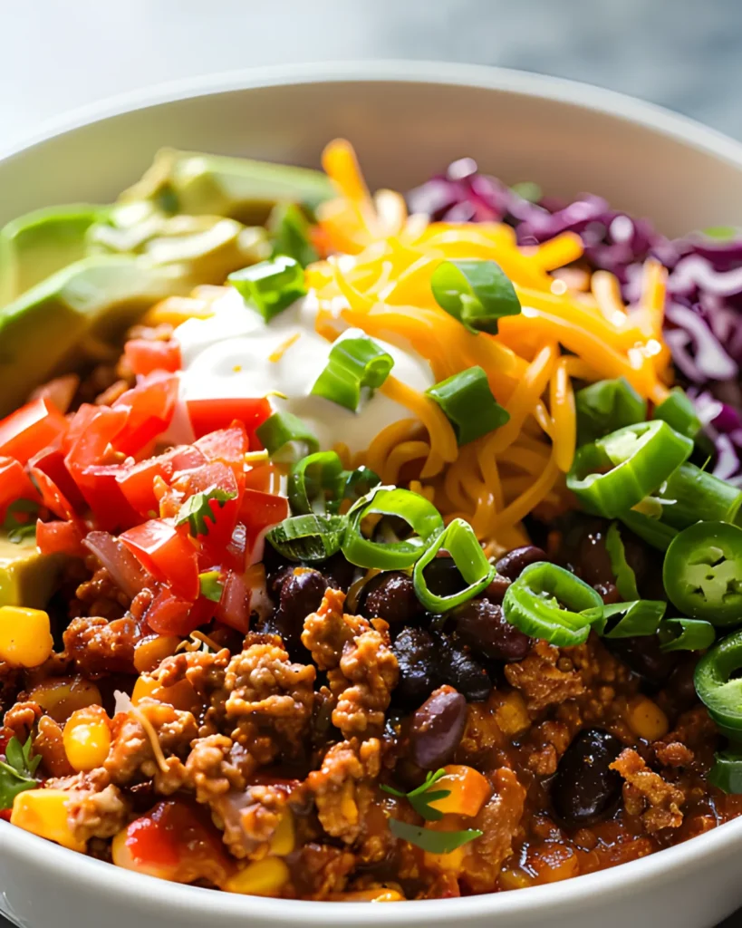 Taco Skillet served in a bowl with seasoned ground beef, black beans, shredded cheddar cheese, avocado slices, jalapeños, green onions, diced tomatoes, and purple cabbage.