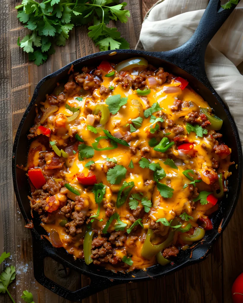 Cheesy Taco Skillet with seasoned ground beef, bell peppers, onions, and melted cheddar cheese cooked in a cast iron pan and garnished with fresh cilantro.