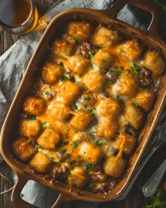 Tater Tot Beef Casserole with crispy tater tots, seasoned ground beef, and melted cheddar cheese baked in a casserole dish