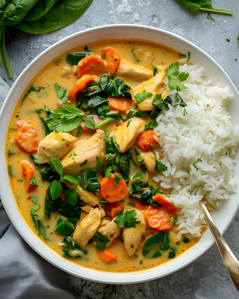 Thai Coconut Chicken Curry served with jasmine rice, tender chicken pieces, carrots, spinach, and fresh herbs in a creamy coconut curry sauce.