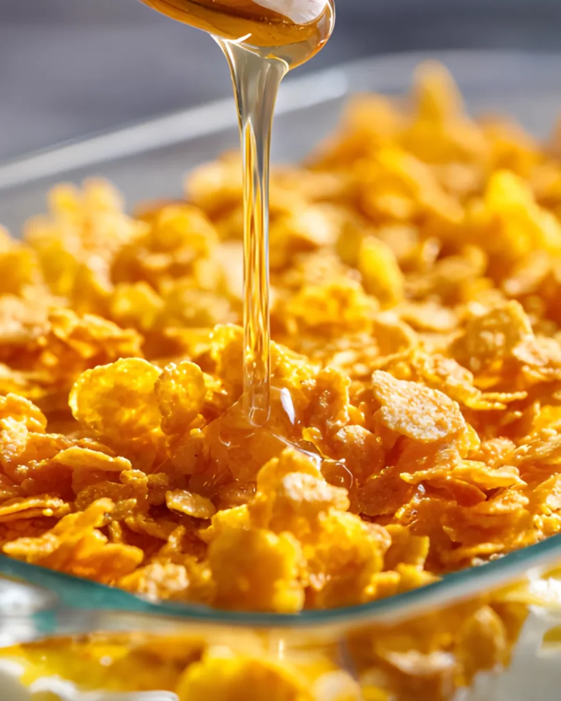 Thanksgiving Cheesy Potatoes casserole with crispy cornflake topping and creamy cheese sauce.