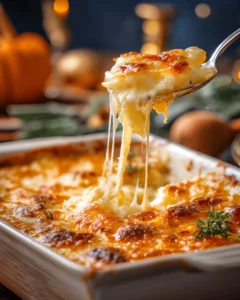 Thanksgiving Cheesy Potatoes baked casserole with melted cheese being served from the dish.