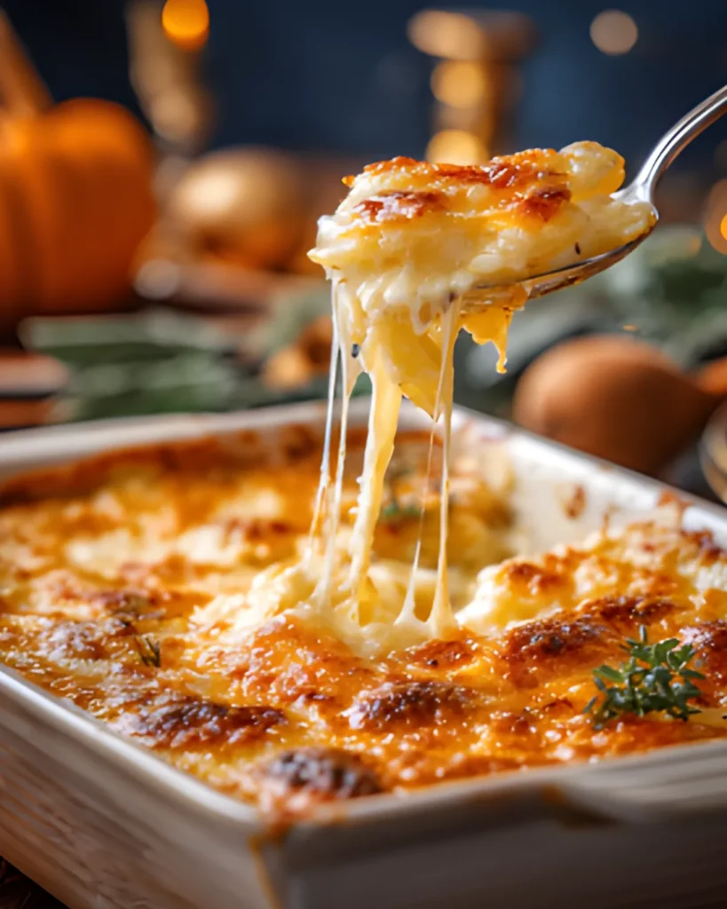 Thanksgiving Cheesy Potatoes baked casserole with melted cheese being served from the dish.