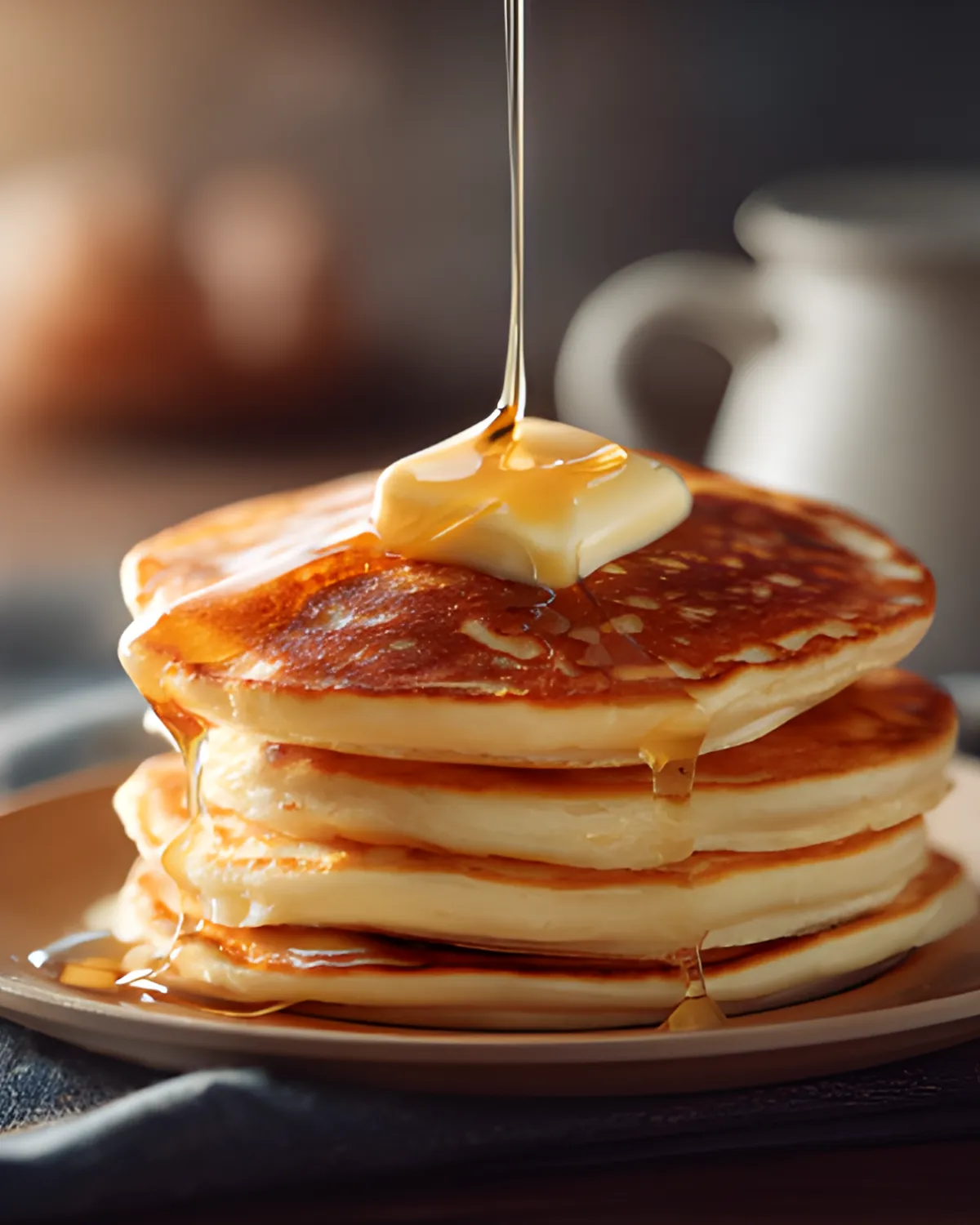 The BEST Fluffy Buttermilk Pancakes stacked with butter and syrup dripping on top