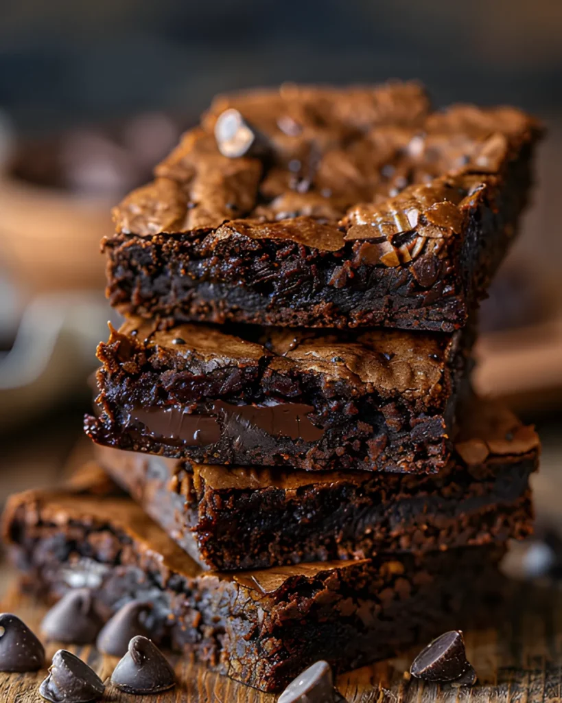The Best Fudgy Chewy Browkies stacked on a wooden board with melted chocolate chips and a rich gooey brownie-cookie texture