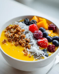 Thick Mango Recipe smoothie bowl topped with fresh mango slices, coconut flakes, pomegranate seeds, and mint.
