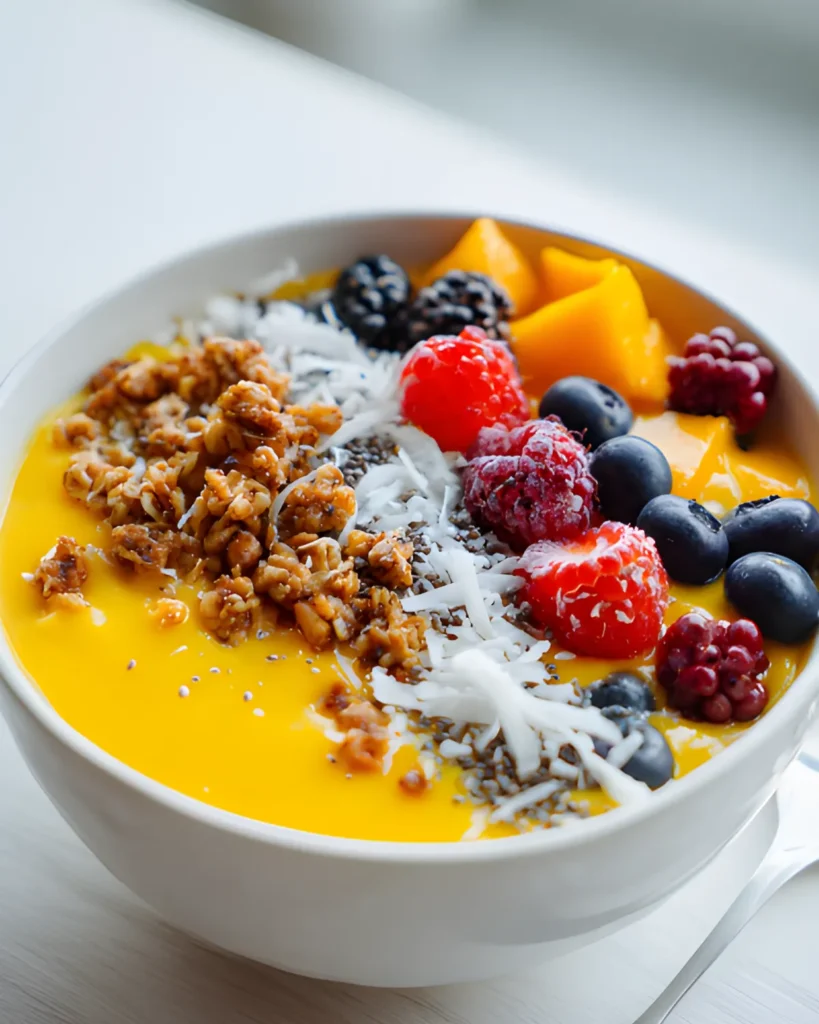Thick Mango Recipe smoothie bowl topped with fresh mango slices, coconut flakes, pomegranate seeds, and mint.