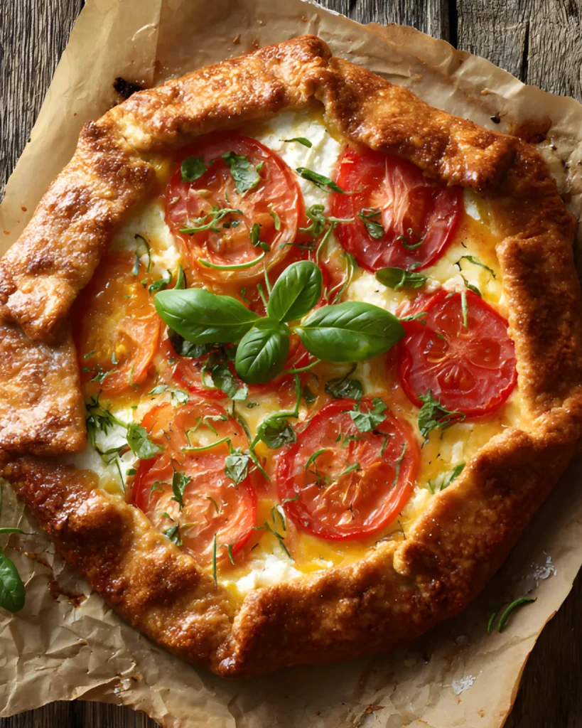 Tomato Goat Cheese Galette with sliced tomatoes, fresh herbs, and golden flaky crust on parchment paper