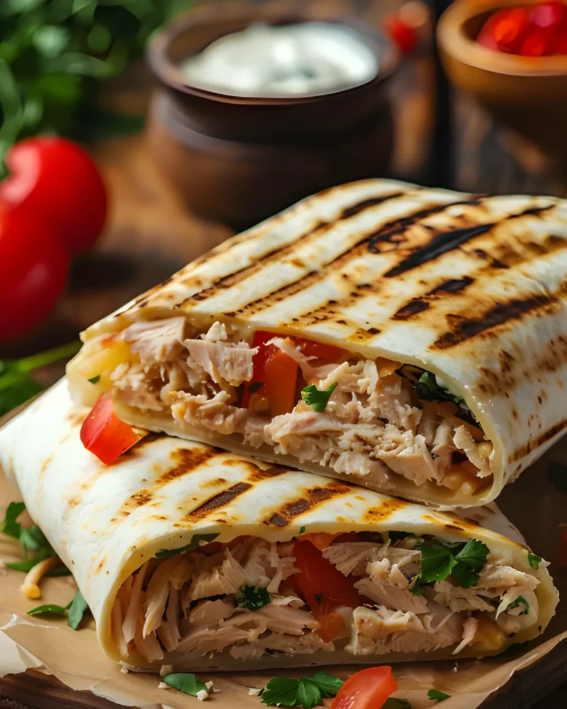Tuna Melt Wrap cut in half showing flaky tuna, tomatoes, and herbs inside a grilled tortilla wrap on a wooden board