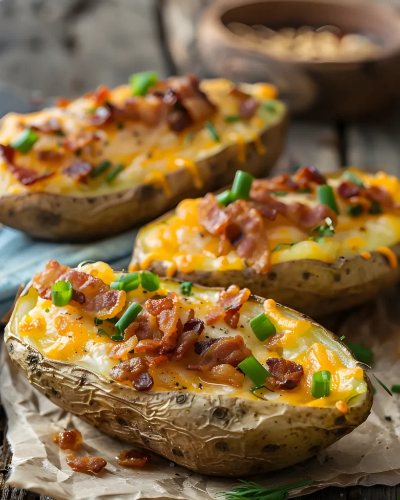 Twice baked potatoes filled with creamy mashed potato, topped with melted cheese, crispy bacon, and green onions