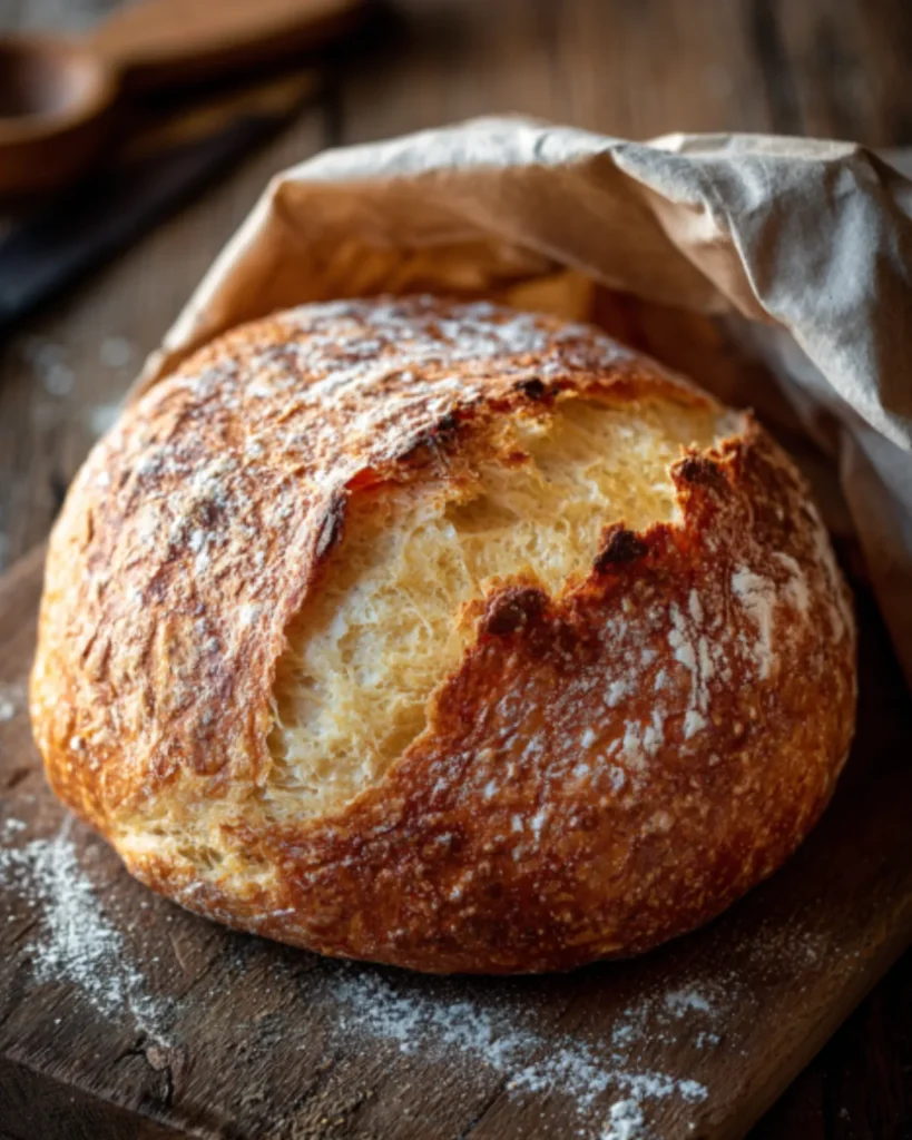 Freshly baked 2 Hour No Knead Dutch Oven Bread with a golden crust and airy interior, partially sliced on a wooden board