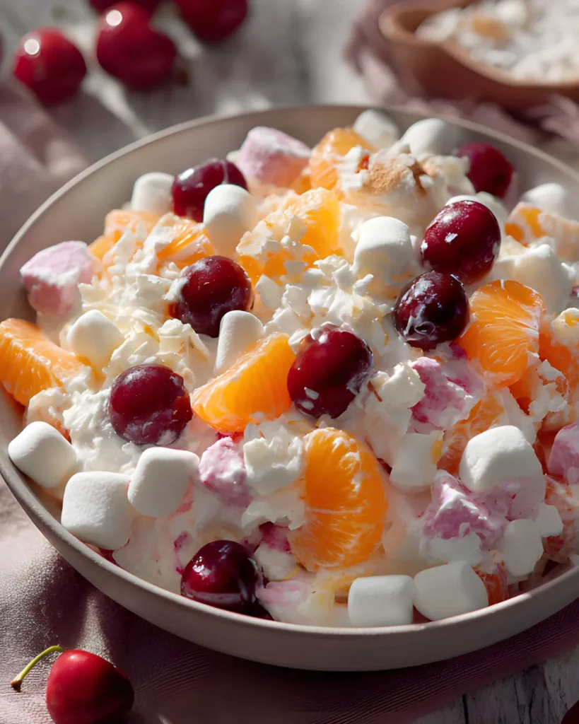 Ambrosia Salad Recipe with mandarin oranges, cherries, marshmallows, and creamy whipped topping